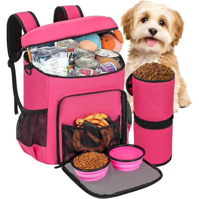 Рюкзак для собак ANILD: рюкзак-переноска для подорожей з TSA, 2 контейнери для корму, 6 силіконових мисок, органайзер для подорожей, кемпінгу, для власників собак (Рожевий)