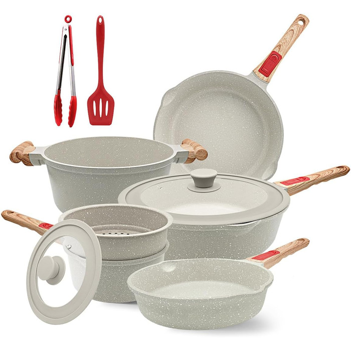 Набір посуду AIKENBBKK 10 предметів: сковороди з кришкою 20, 24, 28 см, каструля з ручкою 18 см + пароварка, каструля 4.7 л, антипригарне покриття, знімний ручка (білий)