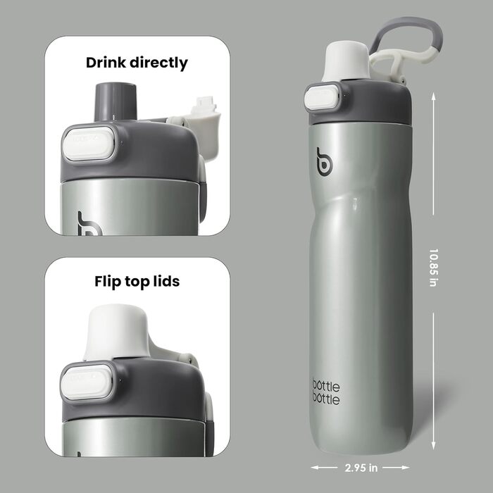 BOTTLE BOTTLE Insulated Water Bottle, 680 ml, with Handle and Flip-Top Lid, Bicycle Water Bottle, Push-Button Lid, Leak-Proof, Portable, for Travel, Sports, Riding, Green (Gray)