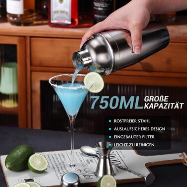 Cocktail Shaker Set, 12-Piece Stainless Steel Bar Accessory Set, 750ml Shaker Bartender Set with Stand, Ideal Cocktail Machine Bartender Set for the Home Bar (Silver)