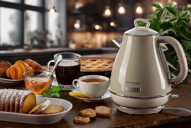 Ariete Vintage Electric Kettle 2869 - 1.7L Stainless Steel Retro Kettle with Water Level Window, Cordless 360° Base, Auto Shut-Off, Tea Infuser, 2000W (Beige)