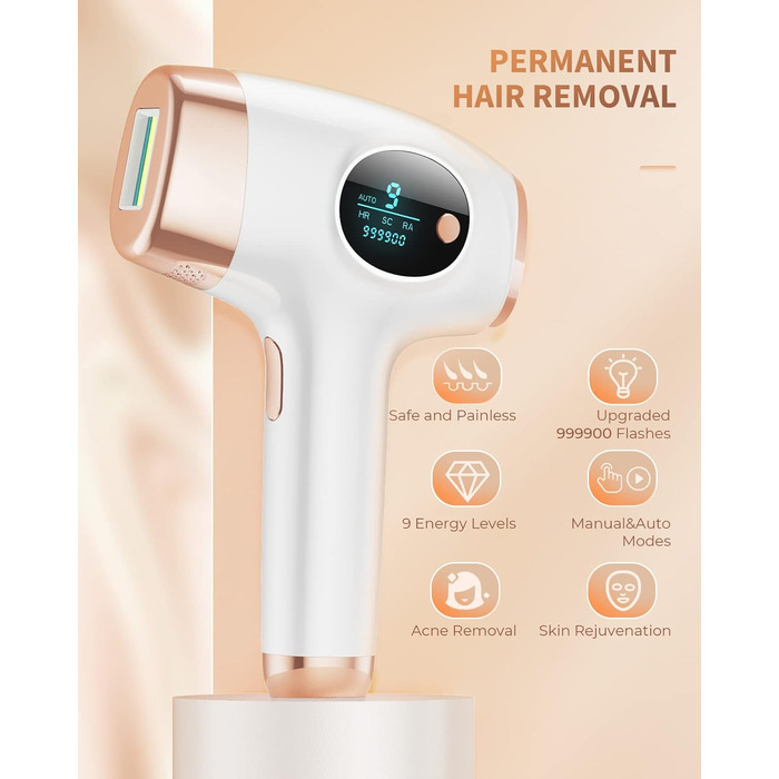 Лазерний епілятор ZKMAGIC з 9 рівнями потужності та 3 функціями (HR/SC/RA), 999 900 імпульсів. Безболісна епіляція лазером для жінок та чоловіків, для обличчя, тіла, ніг та під пахвами.