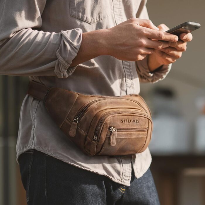 STILORD 'Dublin' чоловіча поясна сумка з натуральної шкіри велика, водовідштовхуюча, захист від крадіжки, багато відділень, XXL, для подорожей, активного відпочинку, фестивалів, колір: коричневий (Mittel - Braun)