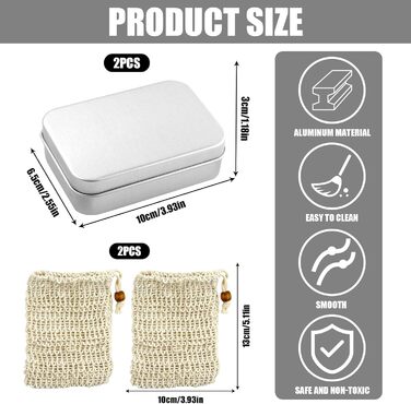 Алюмінієва мильниця з кришкою, підставка для мила та мішечок для мила з сизалю, нержавіюча сталь, для подорожей, підходить для твердого мила