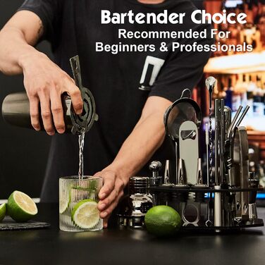 Набір для коктейлів 21 предмет | Набір шейкерів для коктейлів з обертовим підставкою | Шейкер з міцної нержавіючої сталі з аксесуарами | У комплекті стильна чорна подарункова коробка | Барний набір (Чорний)