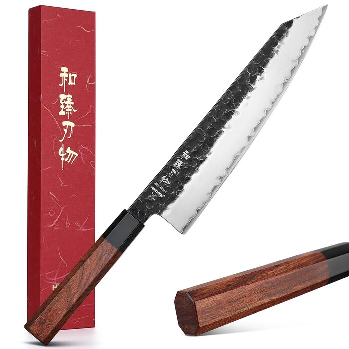 Ніж Santoku HEZHEN 18,5 см, сталь Дамаск, кований, японський стиль Gyuto, дерев'яна рукоятка (24 см)