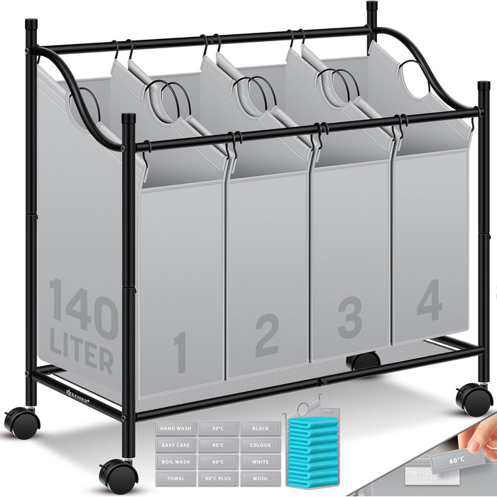 KESSER® Laundry Basket, Laundry Collector, Laundry Sorter with 4 Removable Fabric Bags | 4 Compartments x 35 Liters | Laundry Box with 12 Laundry Instructions, 360° Swivel Wheels with Brake, Laundry Sorting System, Laundry Cart, Grey