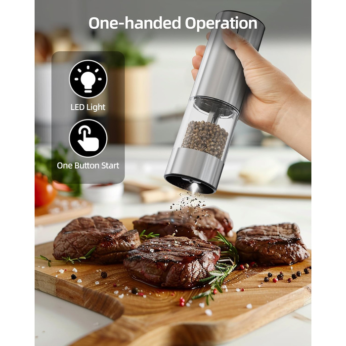 Електричний набір для солі та перцю з зарядною станцією, об'єм 110 мл, перезаряджувана солянка з 5 рівнями, керамічна млинка з щіткою (2 шт.)