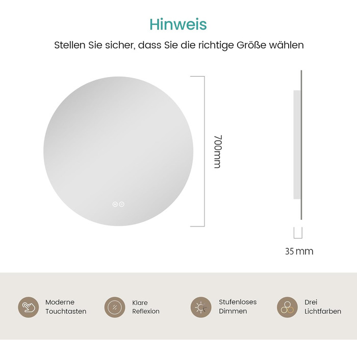 Круглий дзеркало для ванної кімнати EMKE з підсвічуванням 80 см - дзеркало з 3 кольорами світла, регулюванням яскравості, сенсорним управлінням, функцією пам'яті, енергозбереженням - дзеркало для ванної кімнати та настінне дзеркало (70x70 см)