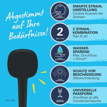 Душова лійка GROHE Vitalio 110 з гнучким шлангом та кріпленням, водозберігаюча, 8 л/хв (ручна лійка з 2 режимами, душова лійка з шлангом 1,5 м, кріплення на клейкій основі), квадратна, чорна