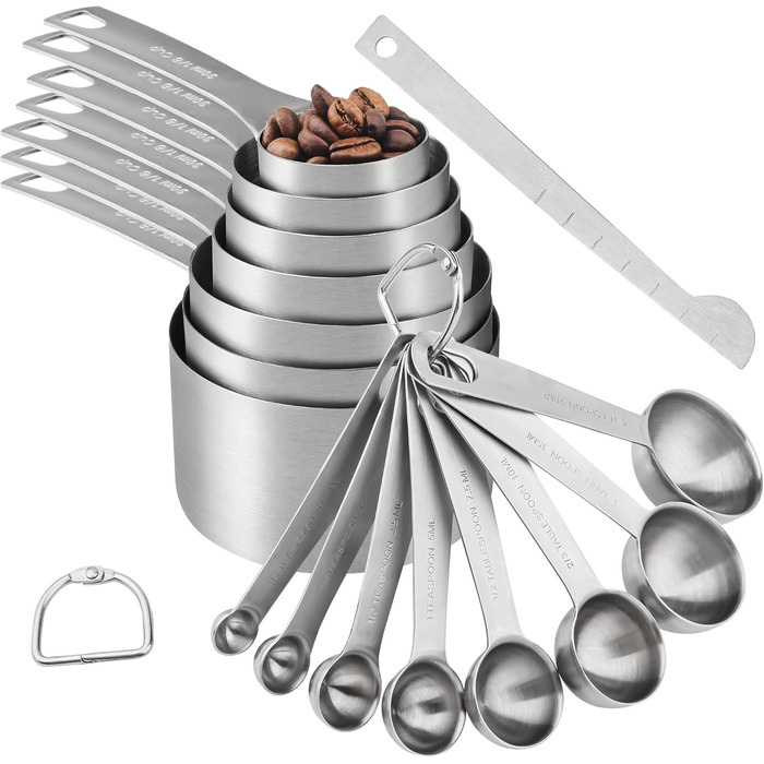 IFFMYJB Stainless Steel Measuring Cups and Spoons 16 Piece, 7 Measuring Cups & 8 Measuring Spoons with Leveler, Kitchen Premium Stackable Measuring Cups and Spoons Set, Easy to Store and Keep