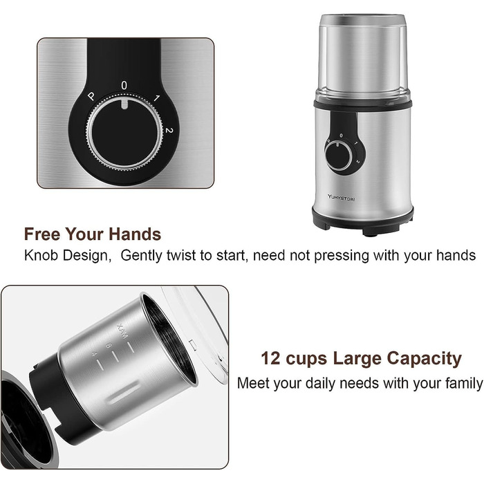 Electric Coffee Grinder, Spice Grinder with 2 Detachable Stainless Steel Bowls, with Splash Guard Cover and Brush, Coffee Bean Grinder with 110g Capacity, Dry and Wet for Corn Kernels, Herbs