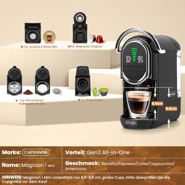 Кавомашина Magician1 Mini Kapselmaschine 5в1 для капсул Nespresso, Dolce Gusto, Lavazza A Modo Mio, ESE 44 та кавової гущі | 20 бар, 1450 Вт, LED-дисплей, 7 рівнів води | Для дому та офісу (Чорний)