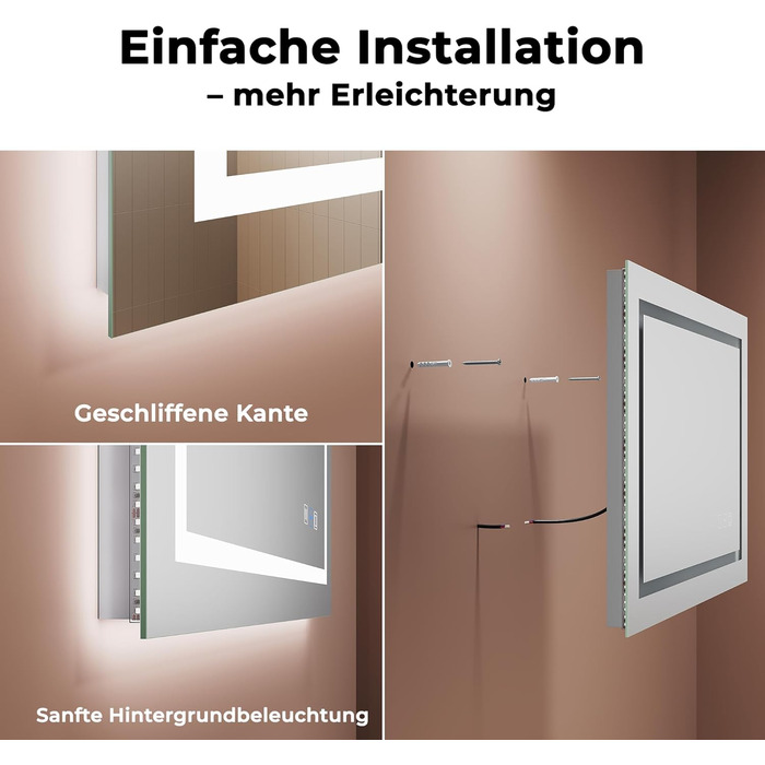 Дзеркало для ванної кімнати з підсвічуванням 60x50x3,5 см, LED, 6400K, біле світло, економія енергії, вертикальне/горизонтальне кріплення, антизапар, 3 колірні температури