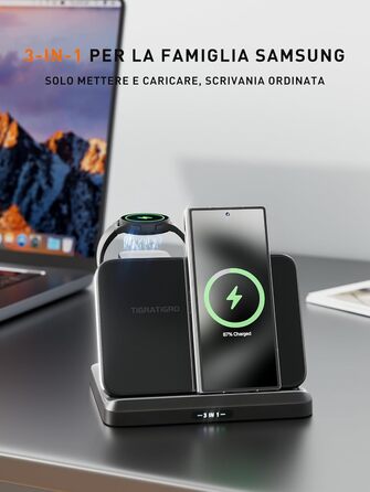 Бездротовий зарядний пристрій TigraTigro 15W Qi, складний, швидка зарядка для iPhone 15/14/13/12, Samsung Galaxy, Google Pixel, тримач для навушників, компактний, сріблястий (W820)