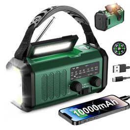 Leaton Радіостанція аварійна з ручним генератором, NOAA, AM/FM, 10000 mAh | Сонячна Power Bank, USB-C, ліхтарик, SOS-сигнал, для кемпінгу, виживання, військових, зелений
