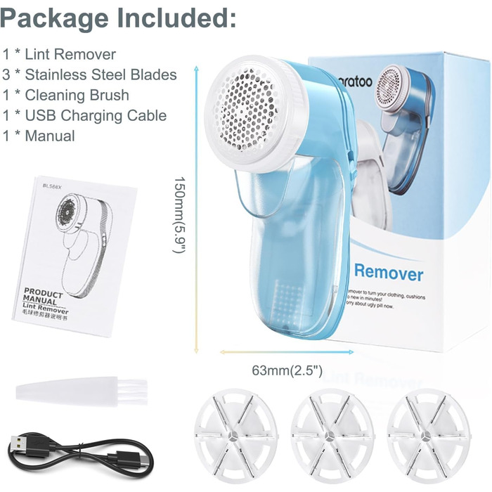 Електричний видальник ворсу для одягу та килимів, USB, 3 леза