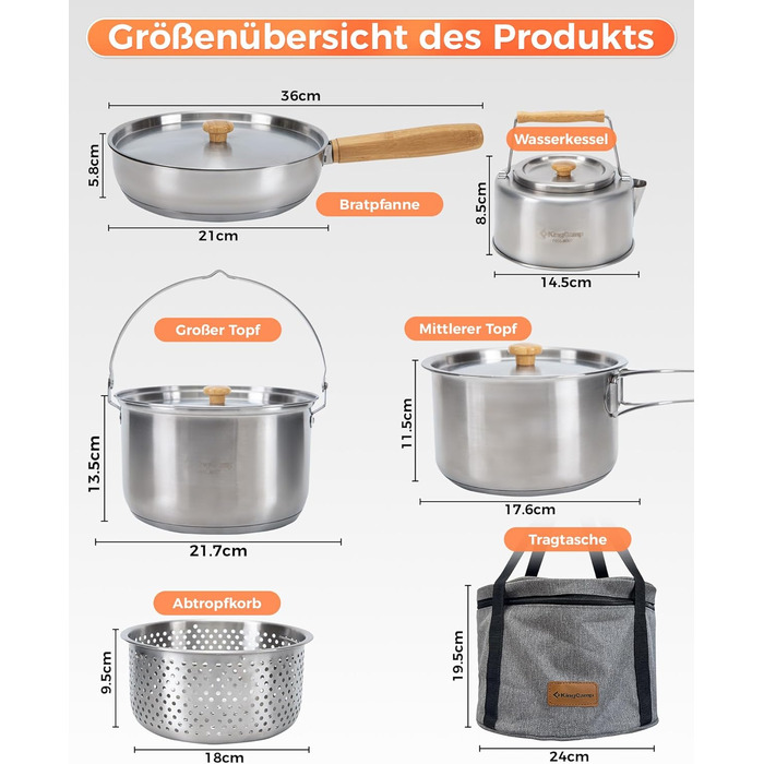 Набір посуду для кемпінгу KingCamp з кошиком, нержавіюча сталь, антипригарне покриття, 4-х частинний набір + чайник