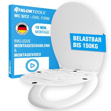 Сидіння для унітаза ATHLON TOOLS овальної форми (O-form) з мікроліфтом Soft-Close, Duroplast, антибактеріальне та стійке до подряпин, біле