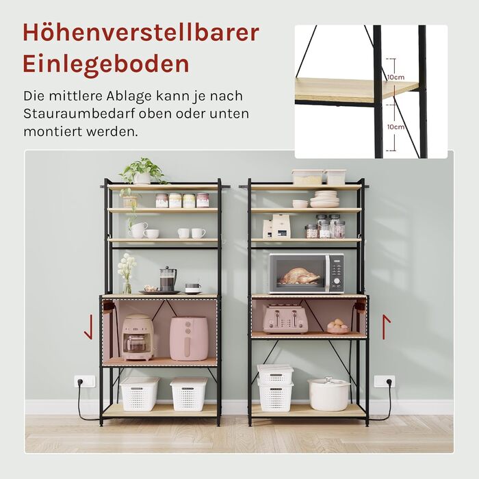 Кухонна полиця WOLTU з 6 ярусами, з розетками, мікрохвильова полиця з 6 гачками, полиця для пекаря з металевим каркасом, регульовані полиці, Чорний+Рустикальне коричневе, 60 x 167 x 40 см (Чорний+світлий дуб, 80 x 39,5 x 167 см)