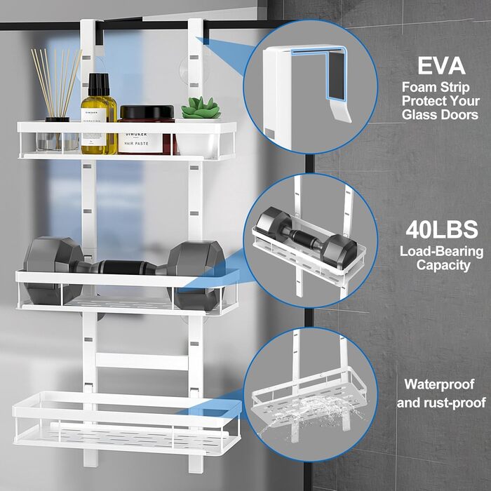 Підставка для душу на кріплення, полиця для душу без свердління для ванної кімнати, органайзер з 2 кошиками, тримач для шампуню (білий, White - 3 рівні)