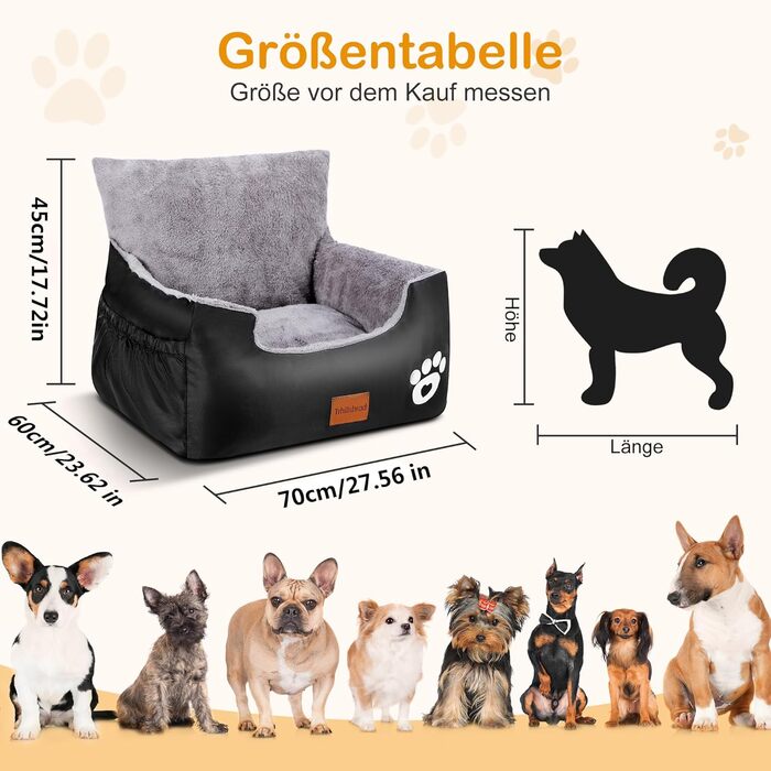 Автомобільне ліжко для собак, 70x60x45 см, з 2 регульованими страхувальними ремінцями, для маленьких собак, знімний та пральний чохол, 2 кишені для зберігання