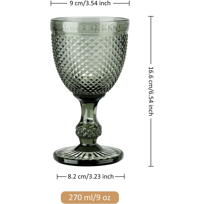 Joeyan 270ml Gray Vintage Wine Glasses with Diamond Relief, Colored Goblet Glasses Wine Goblet Set for Wine Juice Drinks, Set of 4 Retro Drinking Glasses with Stem, Dishwasher Safe