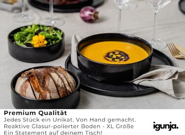 Igunga Stoneware Dinnerware Set - 12 Piece Service for 4 | Reactive Glaze, Matte Black & Glossy Interior Bowls | Premium Handcrafted Tableware