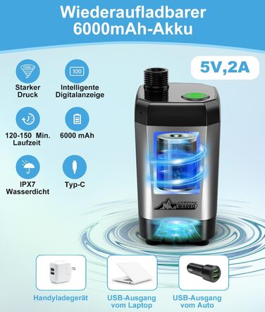 Портативна душова кабіна WADEO для кемпінгу з акумулятором та насосом, 6000-8000mAh, мобільний душ для відпочинку, подорожей, автомийки, сірого кольору, з індикатором температури та заряду акумулятора