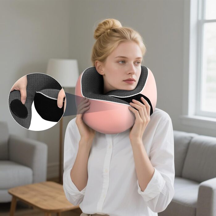 Подушка для шиї у подорожах: м'яка, з піною з пам'яті, з навушниками та маскою для очей (рожева)