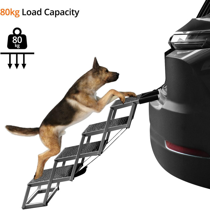 QWORK® 4-Step Folding Dog Stairs for Car - Adjustable Height, Anti-Slip, Up to 80kg