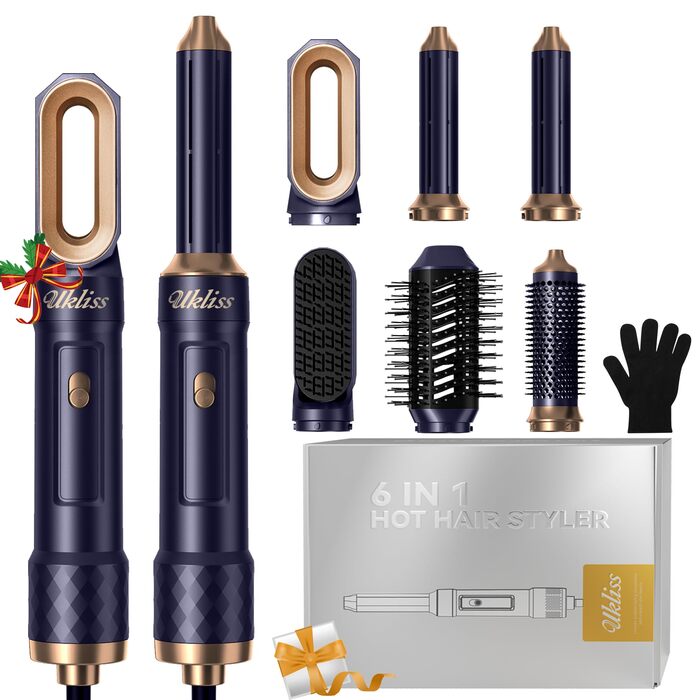 UKLISS Airstyler 6 в 1: Фен-щітка, стайлер для волосся з автоматичною завивкою, Pro Blue