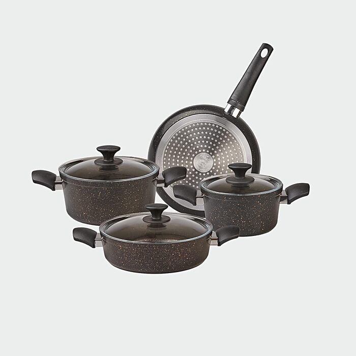 Набір кухонного посуду Karaca Biogranit, 7 предметів, чорний/золотий, з антипригарним покриттям, для індукційних плит, граніт