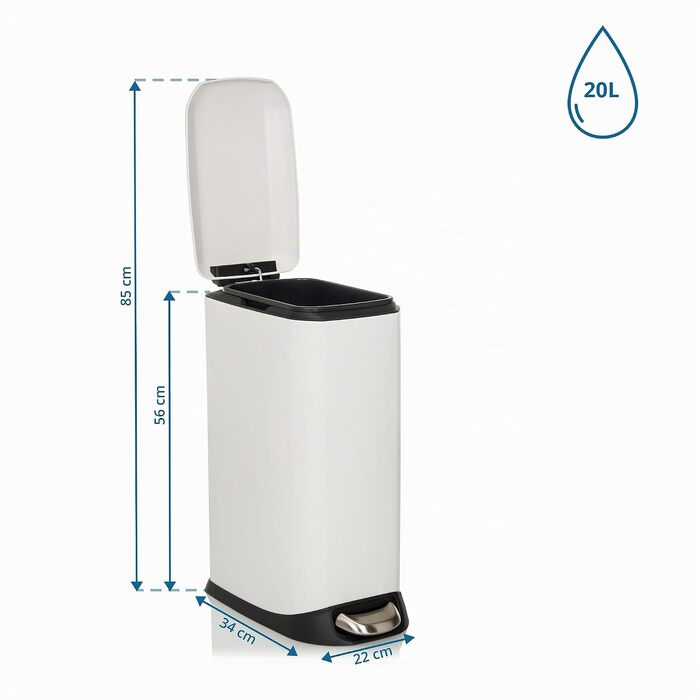 Сміттєвий відер з педаллю та кришкою SoftClose hjh OFFICE CLEAN Slim, 20л, сталевий вузький смітник з внутрішнім відром, білий, 56x34x22 см