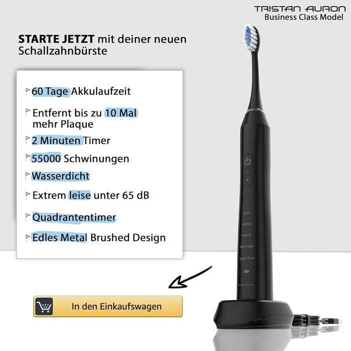 Електрична зубна щітка Tristan Auron 55000 VPM з UV-кейсом - 60 днів роботи від акумулятора, 5 режимів чищення, IPX7, чорний/блакитний