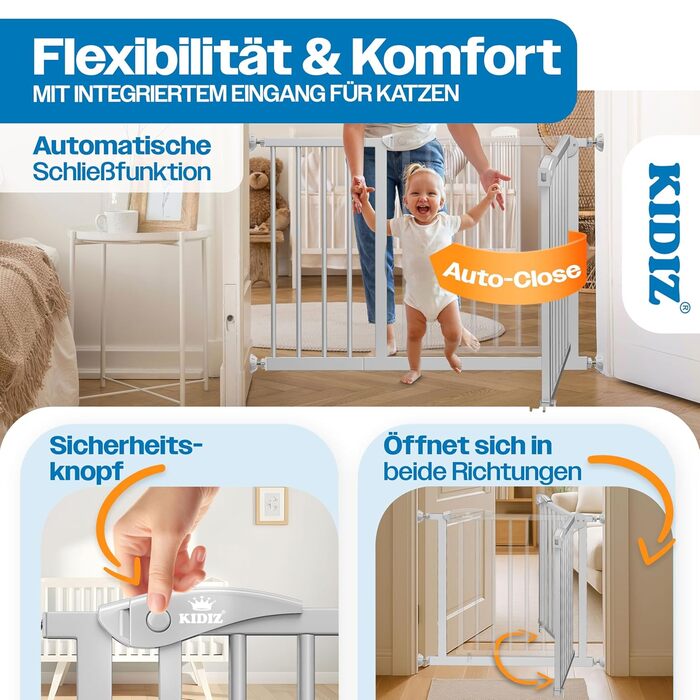 Захист для сходів KIDIZ без свердління | Ширина: 74-80 см, висота 75 см | Захист від падіння для дітей та собак | Одноручний відкривання, система Open-Stop 90°, сірий