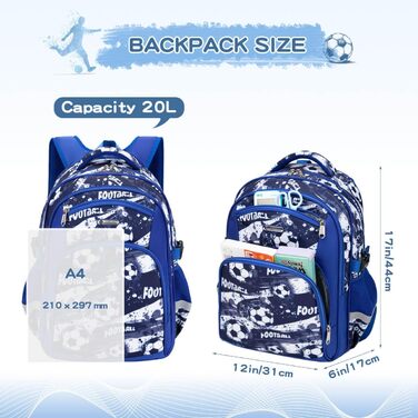 Дитячий рюкзак Cusangel для дівчаток та хлопчиків, ергономічний, регульований, водостійкий, з нагрудним ременем (синій, з футбольною тематикою)