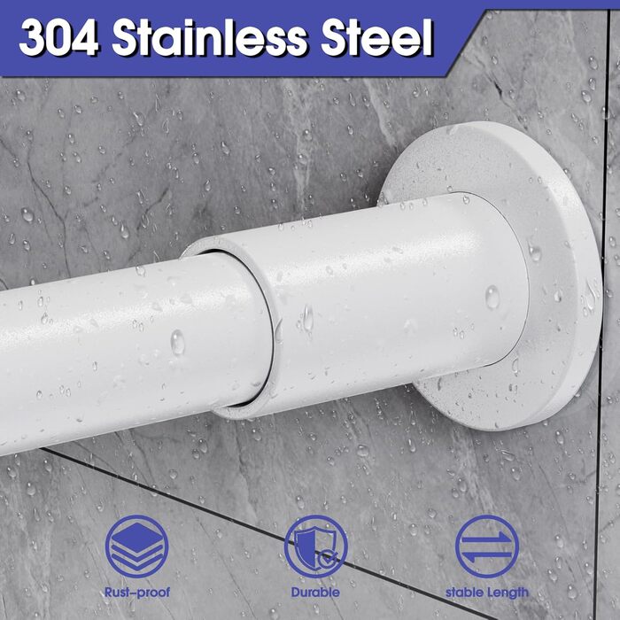 Регульована штанга для душу L-Form, 68–96 см × 68–96 см, нержавіюча сталь, кутова, вологостійка, з 12 кільцями та комплектом шурупів, білий колір