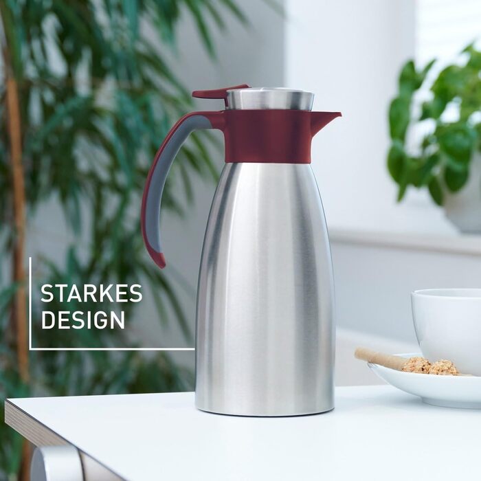 Emsa Soft Grip Insulated Thermos, 1.5 Liter, Stainless Steel, 12 hours hot + 24 hours cold, Leak-proof, Non-slip Grip, Color Burgundy N4120500