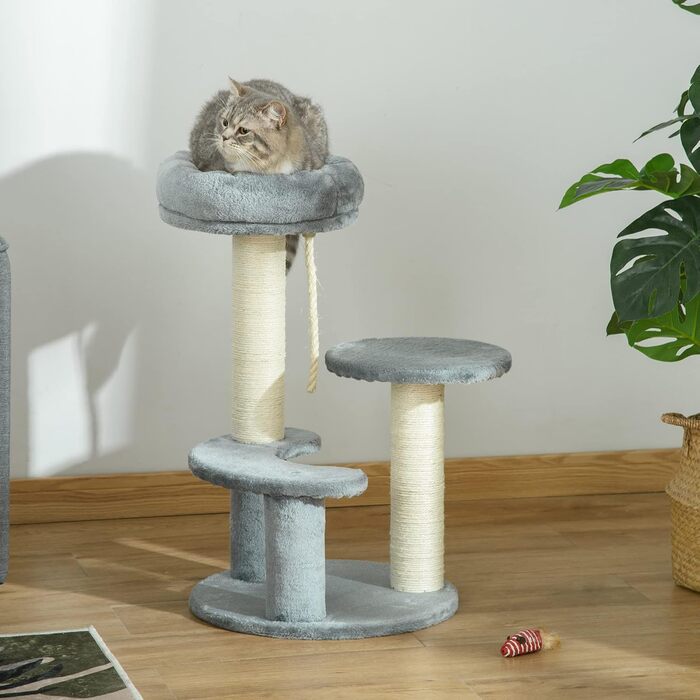 PawHut Cat Tree Climbing Tree with Hammock, 3-Tier Play Tree with Cat Bed Cat Scratching Post with Sitting Platform, Sisal Columns, Grey Ø40 x H65 cm