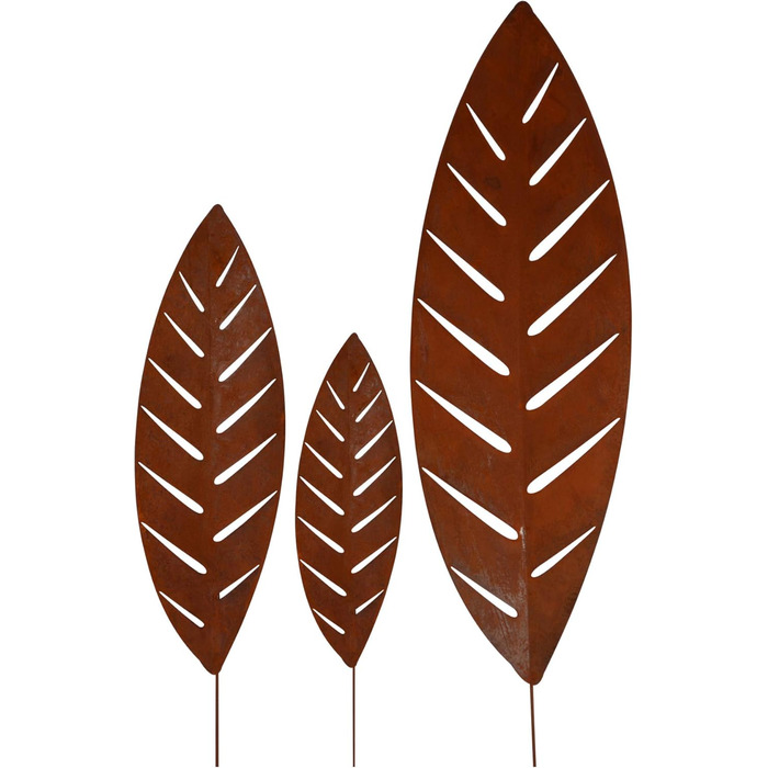 UNUS Garden Stakes Palm Leaf, Set of 3, Garden Decoration with Rust-Look, Decoration Leaf made of Weatherproof Stainless Steel for Garden, Balcony, Terrace or Flower Pot
