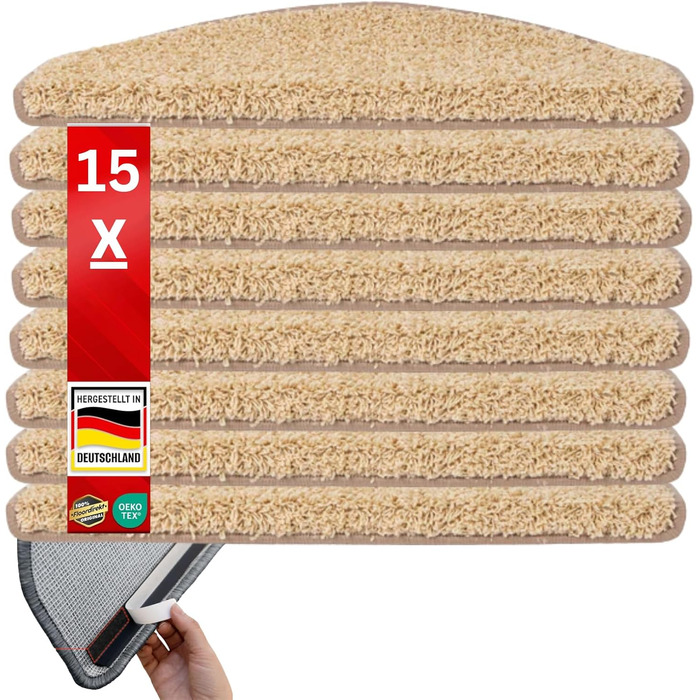 Набір килимків на сходи Floordirekt Barcelona (15 шт.) - міцні, легкі у догляді, бежеві, напівкруглі (65 x 23,5 см)