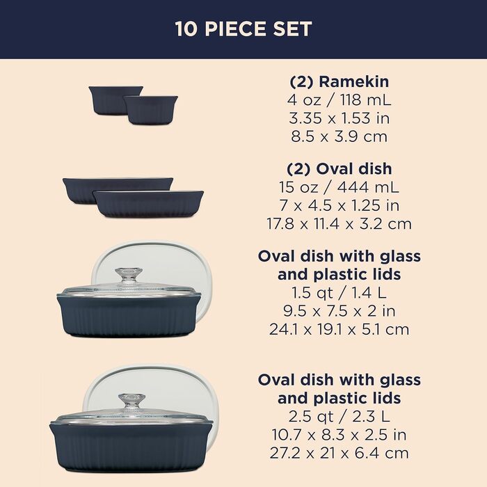 Керамічний набір для запікання CorningWare з кришками, 10 предметів, жароміцний і стійкий до тріщин, можна використовувати в мікрохвильовці, духовці, посудомийній машині, холодильнику та морозильнику, колір French Navy