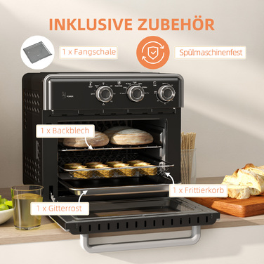 HOMCOM 20L Convection Mini Oven with Baking Tray, Grill Rack, and Crumb Tray, 90°C-230°C Air Fryer with 5 Modes, Frying Basket, 60 Min. Timer, 1400W, Metal | Aosom