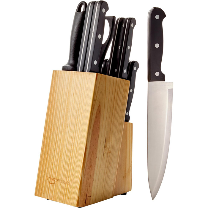 Amazon Basics Premium Knife Block Set - 9 Piece Black Kitchen Knife Set