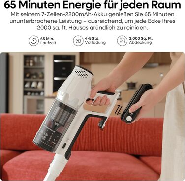 Акумуляторний пилосос ElecKeys 48000Pa/580W з LED-дисплеєм, антизаплутана щітка, 65 хвилин роботи, 7-шарова фільтрація, для твердих поверхонь, килимів та шерсті тварин, білий