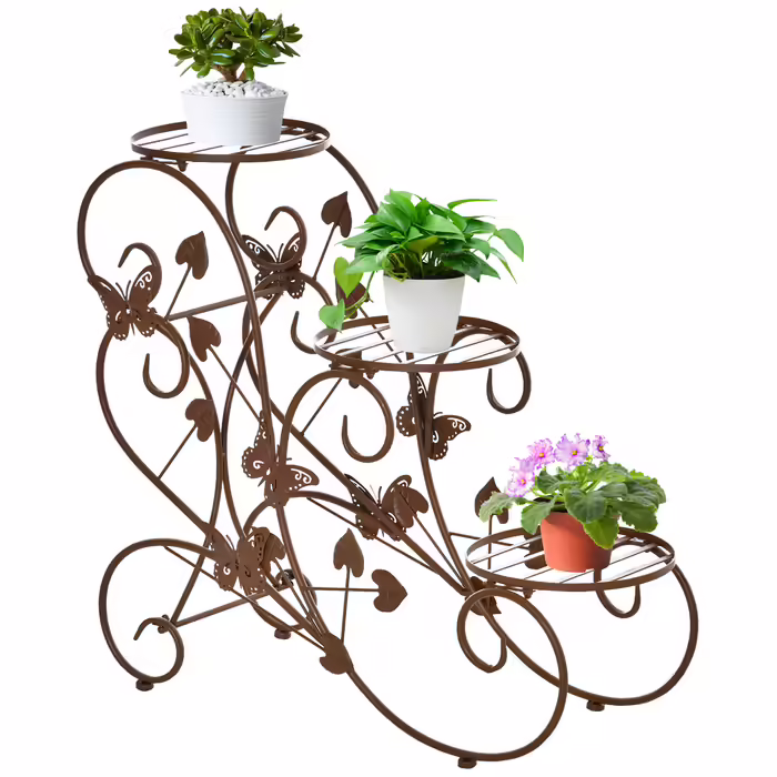 Outsunny 3-Tier Flower Stand, French Style Metal Plant Shelf in Bronze, 76x27x67cm for Garden Balcony