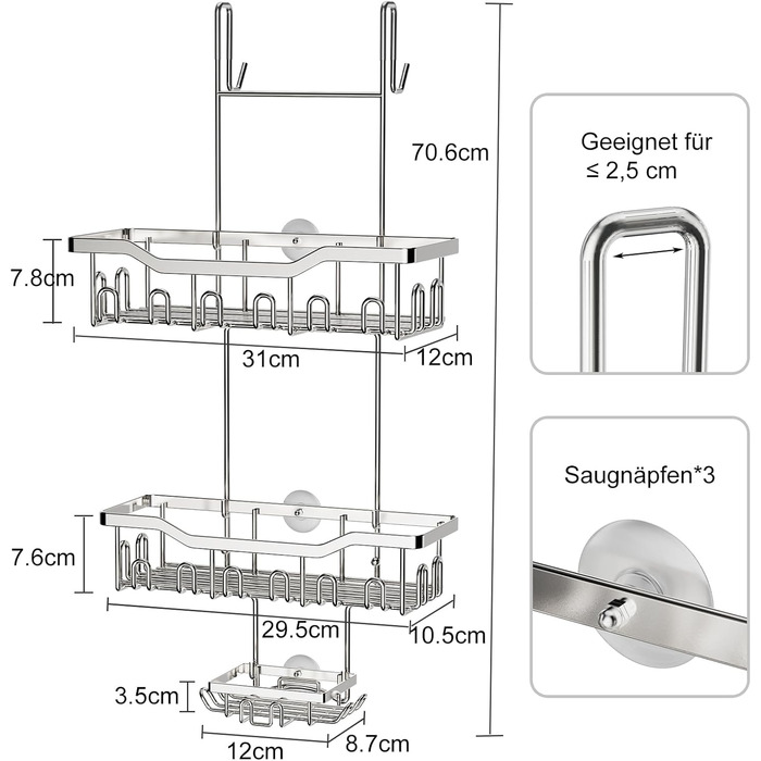 ZUIMENG Shower Shelf, 3 Tier Shower Caddy, No Drilling Shower Shelf, Bathroom Shelf Shower Basket Hanging, Shampoo Holder Shower Hanging Shelf for Glass Door Shower Wall with Soap Dish and Hooks (Silver)