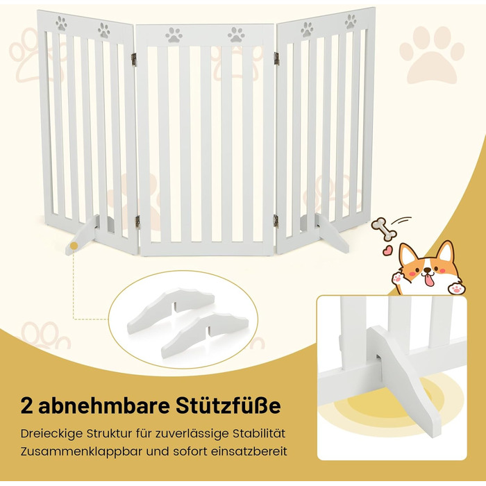 Захисний бар'єр для собак Costway 89 см, дерев'яне огорожа, дитяче ворота, розкладне, для захисту сходів, гнучкий бар'єр (3 панелі, білий)