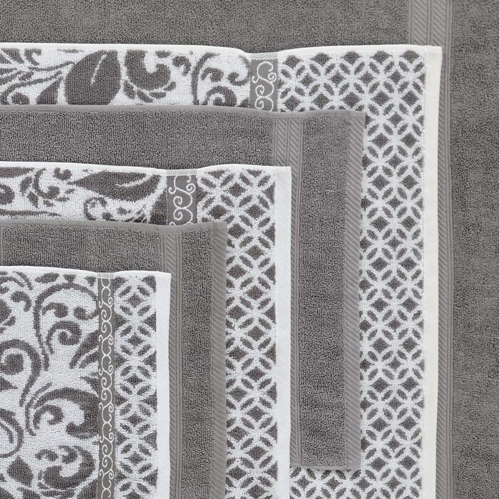 Modern Threads Trefoil Filigree 6-Piece Reversible Towel Set, Dyed, Jacquard, Bath Towels, Hand Towels, and Washcloths, Super Absorbent and Quick-Drying, 100% Combed Cotton Gray-Green Standard
